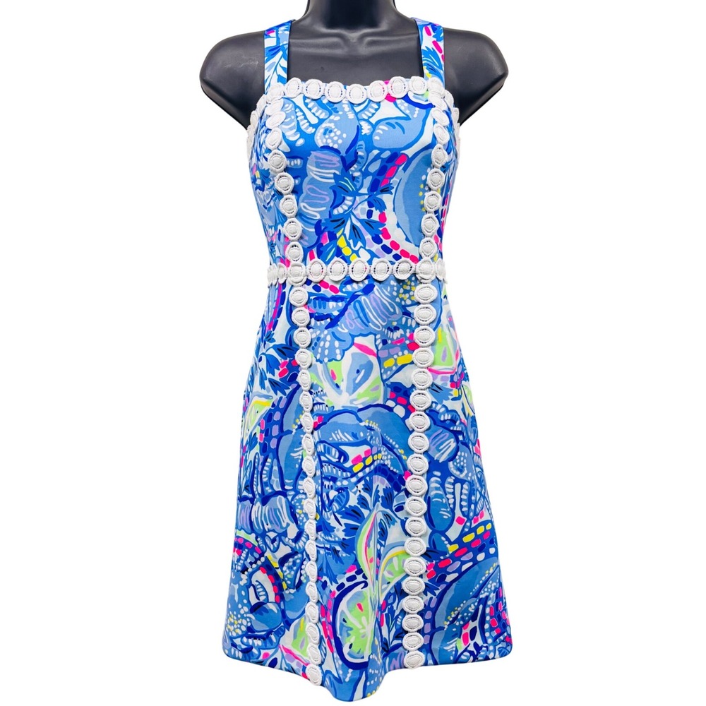 Lilly Pulitzer Mila Shift Dress Blue Pink High Tide Lace Trim Size 2 29251
